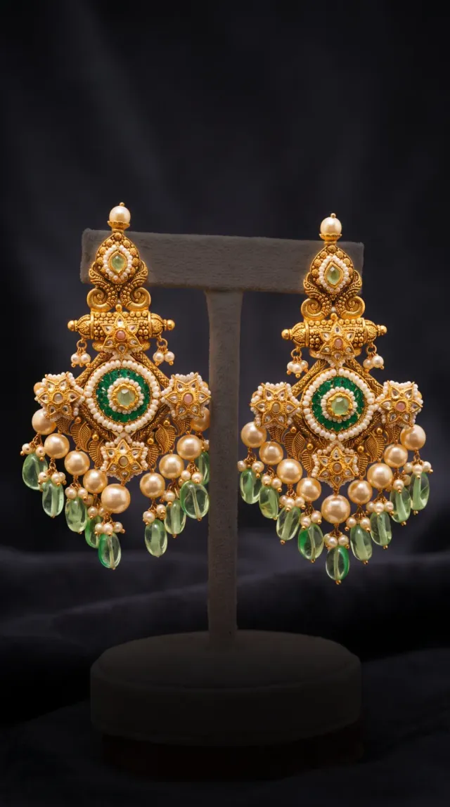 Finished jewellery ad — the earrings on a black backdrop.